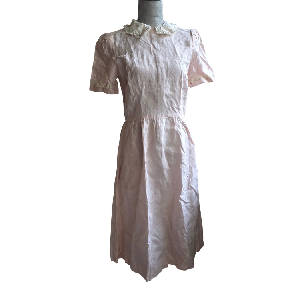 Vintage Brenda Hollon Pink Linen Dress Lace Peter Pan Collar Made in USA Size 10
